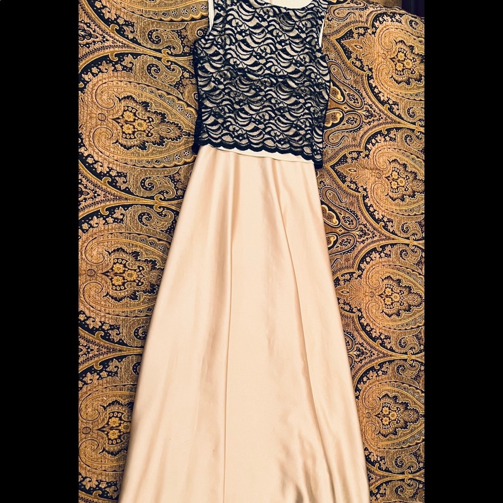 Full length formal dress, champagne color with black lace bodice